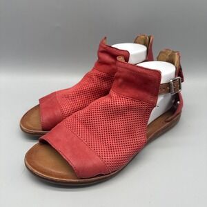 Miz Mooz Fiona Wide Red Leather Perforated Ankle Zip Flat Sandals Size 41